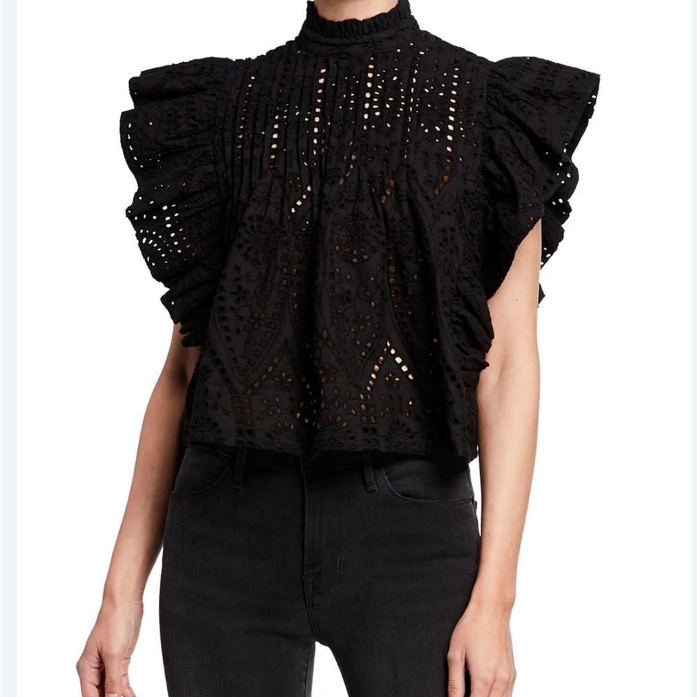 Ganni Black Eyelet Ruffle Blouse